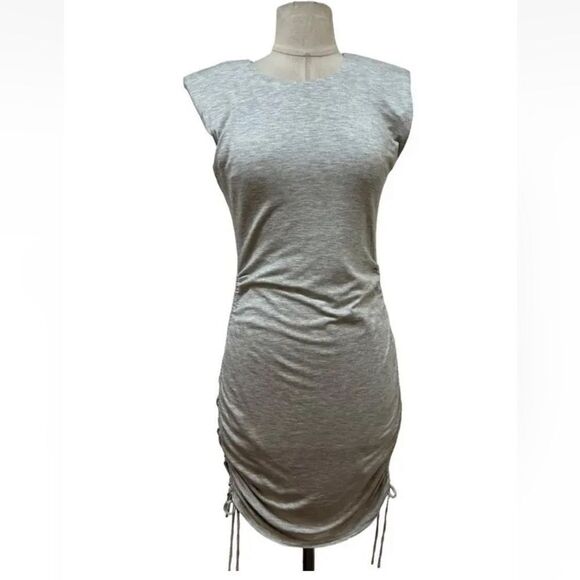 Cloud Ten GRAY PADDED SHOULDER DRAWSTRING RUCHED T-SHIRT DRESS sz S - Picture 3 of 13